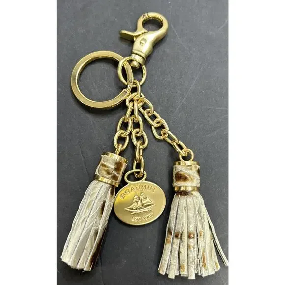 Brahmin Double Tassel Bag Charm Key Fob Gold Gray Brown Leather Neutral Color - Picture 1 of 4